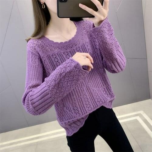 Ms new sequins hollow-out sweater female conventional jacket easing round neck long sleeve knit thinner