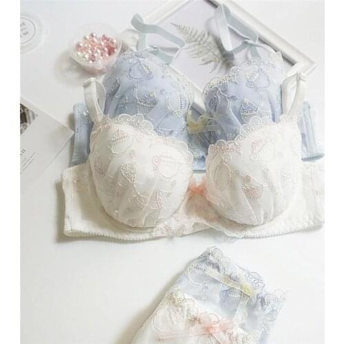 Plus Size Women Underwear and Bra Set Japanese Sexy Embroidery Lace Ultra Thin Bra Brief Thong Sets for Female Young Girls White