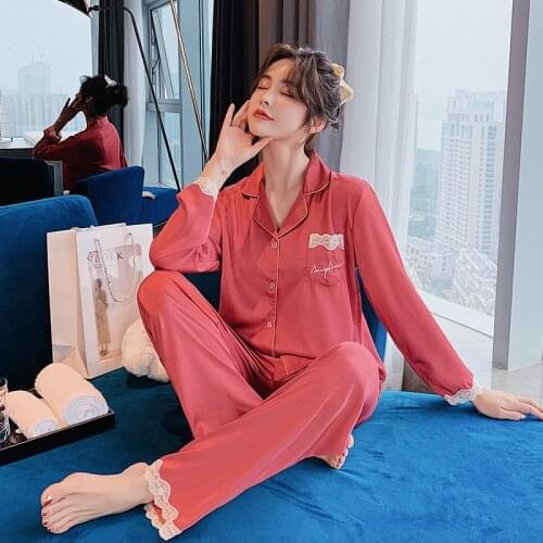 Satin Soft Touch Lace Sexy Pajama Set Womens Summer Long Sleeve Suit Pyjamas