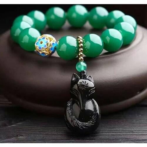 Fine JoursNeige Natural Green Crystal Bracelets 14mm Beads Fox Obsidian Stone Pendant Quartz Stone Women Girl Friend Jewelry