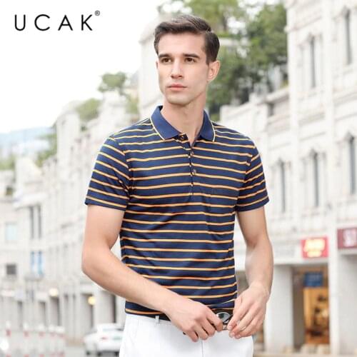 UCAK Brand Summer Striped T-Shirt Men Clothing Streetwear High Quality Short SleeveT Shirt Turn-Down Collar Men Clothes U5231