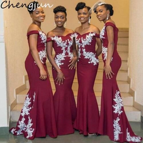Chengjun Off Shoulder Burgundy Long Mermaid African Bridesmaid Dresses