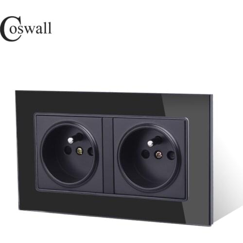 Coswall Black 16A Double French Wall Socket Crystal Glass Panel Power Outlet Plug Grounded 146mm * 86mm