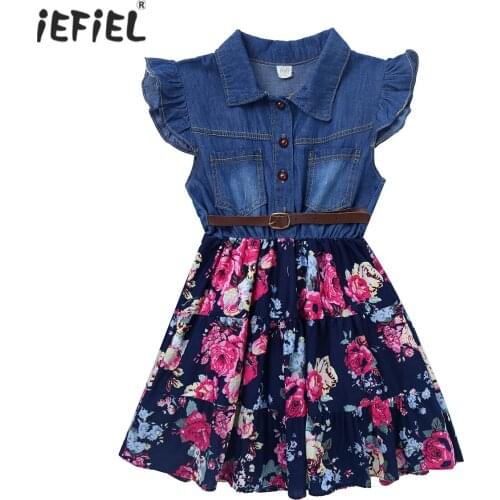 Kids Girls Summer Dress Lapel Collar Flying Sleeve Denim Floral Print Dress Children Clothes Girls Casual Party Princess Dresses
