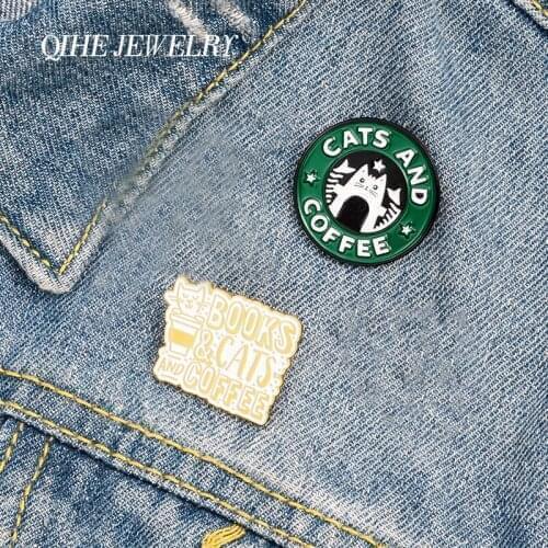 QIHE JEWELRY Cute Animals Coffee Enamel Lapel Pins Cat Dog Cartoon Brooches Badges Fashion Pins Gifts for Friends Wholesale