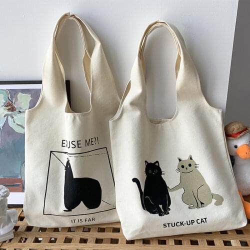 Womens Canvas Vest Shoulder Bag Retro Cartoon Cat Pattern Student Girls Book Tote Handbags Female Eco Reusable Shopping Bags