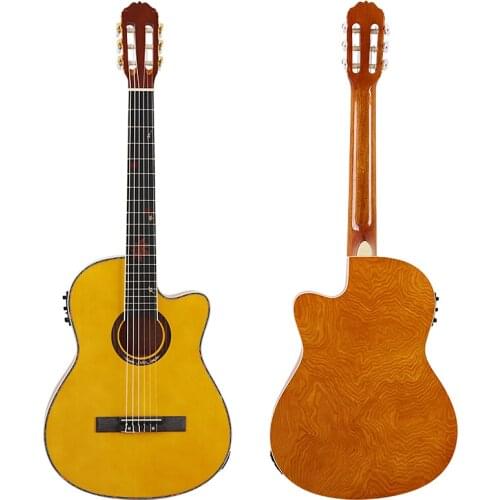 Yellow thin body Flamenco classic guitar 39 inch 6 string high gloss finish cutaway design guitarra with EQ tuner function