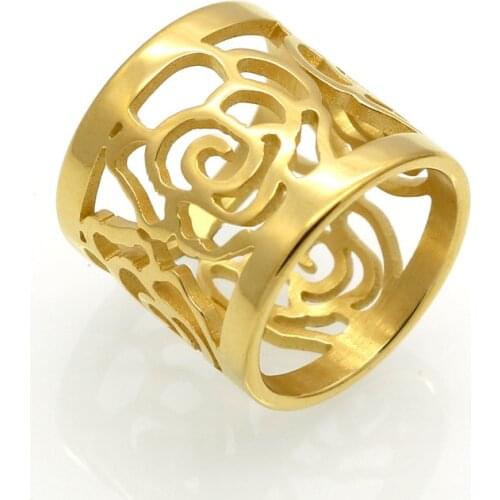 2017 New Arrival Top Quality Rose Flower Hollowing Craft Gold Colour Ring Fashion Brand Jewelry Stainless Steel Ring Wholesale