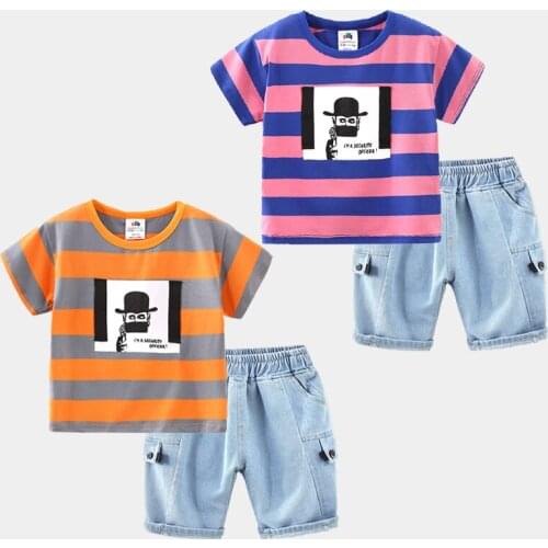 2021 2pcs Summer Baby Boy Children Gentlman Striped Printing Suit Tops + Denim Short Boys Clothes Kids Clothes sets 2-7