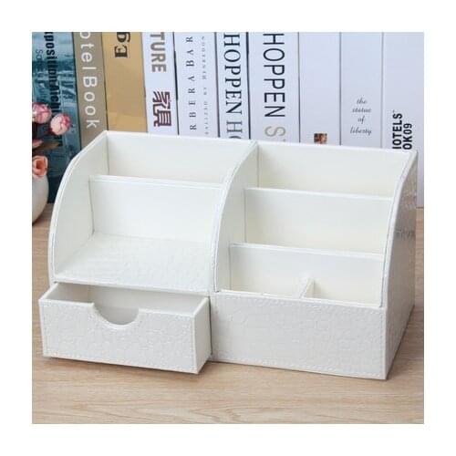 6grid synthetic leather storage box wood structure organiser box with drawer desktop organizer for home organizer PSNH021