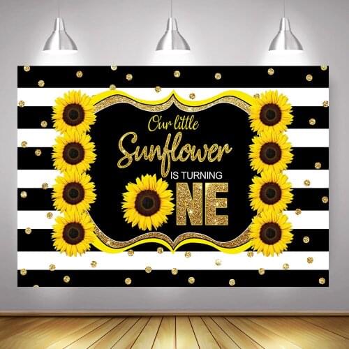 Our Little Sunflower is Turning One Birthday Background Photography Newborn 1st Birthday Party Backdrop Decor Gold Dots Stripes