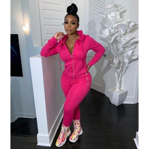 Ueteey New Two-piece Casual Hooded Collar Zipper Design Solid Two Piece Pants Set