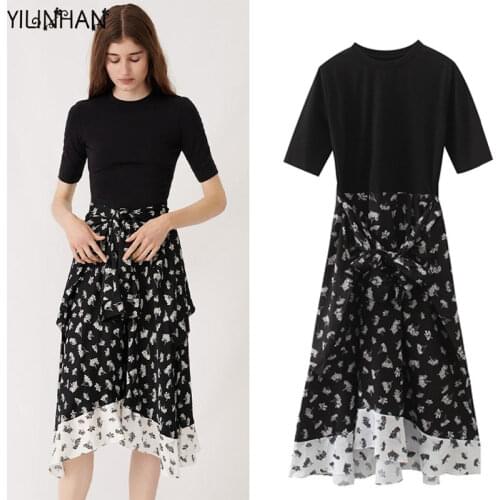 YILINHAN Dresses For Women 2021 Summer New Fashion Elegant Sexy Ruffle Floral High Waist Irregular Slim Fake Two Piece Dress