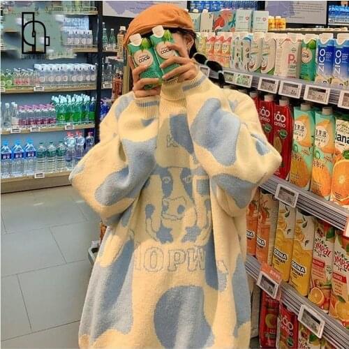 Casual Loose Sweet Kawaii Simple Oversize Cozy Students Pullovers Women Winter Warm Cow Patchwork Turtleneck Knitted Sweaters