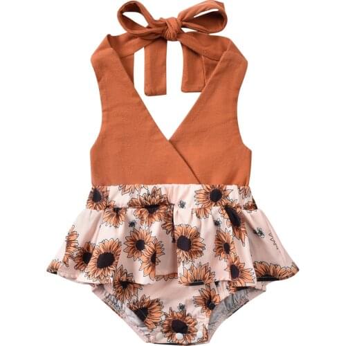Baby Girl’s Casual Bandage Halter Romper Fashion Sunflower Printed Stitching Triangle Jumpsuits