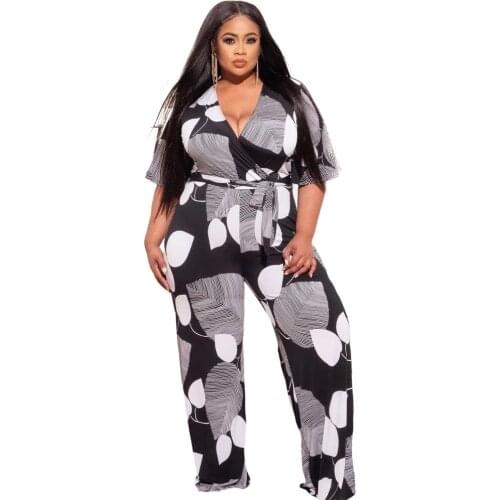 Plus Size 5xl Jumpsuit Women Wholesale Ladies Jumpsuits Dot Wide Leg with Belt Black White Overalls Romper Dropshipping Summer