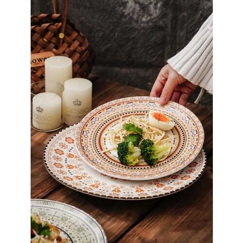 Retro Bohemia Dinner Plate Flower Pattern Creative Steak Fruit Deep Plate Round 8 Inch Cuisine Salad Dinnerware