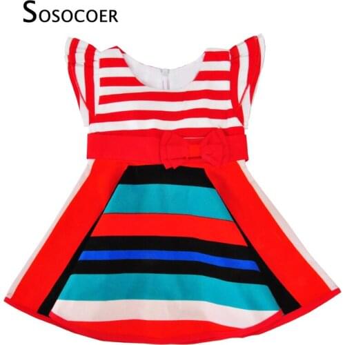 SOSOCOER Girls Dress New Summer Fashion Stripe Fly Sleeve Kids Party Dress Baby Girl Clothes Bow Belt Children Dresses Costume