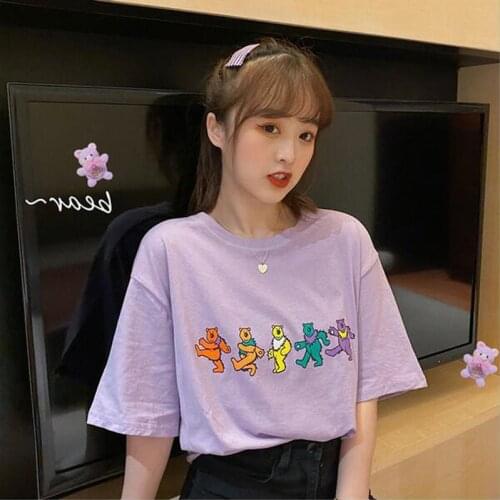Cute Cartoon Bear Print T-shirt Woman Spring Summer New Short Sleeve Roun Neck Tshirt Women Cotton Spandex Women Tops