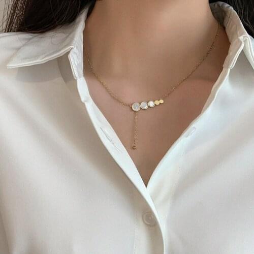 TIMEONLY Elegant Shell Coin Titanium Steel Pendant Necklce for Women Ladies Small Linked Hollow Chain Neckalces Party Jewellery
