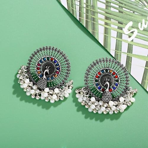 Vintage Pearl Bead Peacock Shape Dangle Earrings Alloy Metal Tassel Women Silver Color Round Fashion Jewelry Accessory