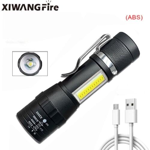 XIWANGFIRE Built In Battery LED +COB Zoom Focus Mini Led Flashlight Torch Lamp Usb Charging Adjustable Penlight Waterproof Light