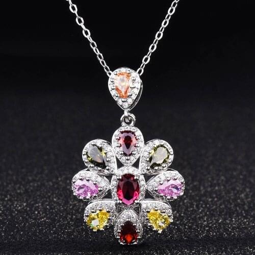QTT Womens 925 Sterling Silver Pendant Chain Colorful Petals Flower Water Drop Crystal Necklace Engagement Party Zircon Jewelry