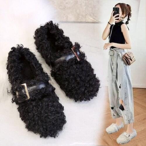 Belt metal buckle decoration women scoop shoes flats non-slip soft soled slip-on moccasins trendy warm fur loafers wool footwear