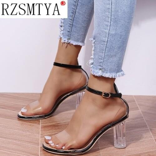 Womens Sandals Ankle Strap High Heels Clear Crystal Transparent Classic Buckle High Quality Women Shoes