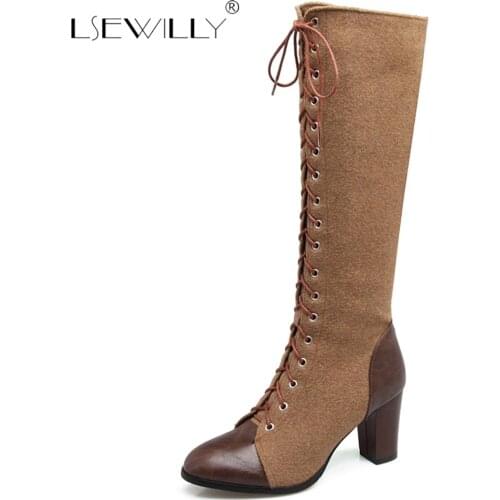 Lsewilly top quality pu round toe autumn winter boots lace up zipper fashion knee high boots square high heels boots S771