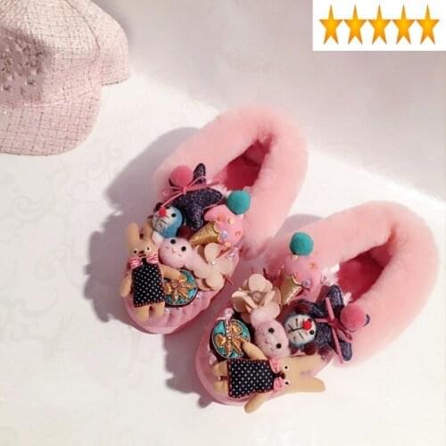 Womens Warm Wool Snow Hairy Boots With Spliced Slip-On Round Toe Rubber Sole Beading Cowhide Outdoor Flat Ankle Boot