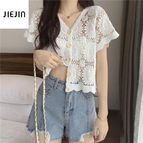 Sexy Mesh Hollow Beige Sweaters Women 2021 Summer New Short Sleeve Solid Casual Loose Shirt Summer Vintage Cardigan