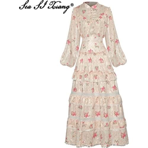 Seasixiang Fashion Designer Autumn Suit Women Stand Collar Lantern Sleeve Top+Hollow Out Ruffles Maxi Skirt Print Two Pieces Set