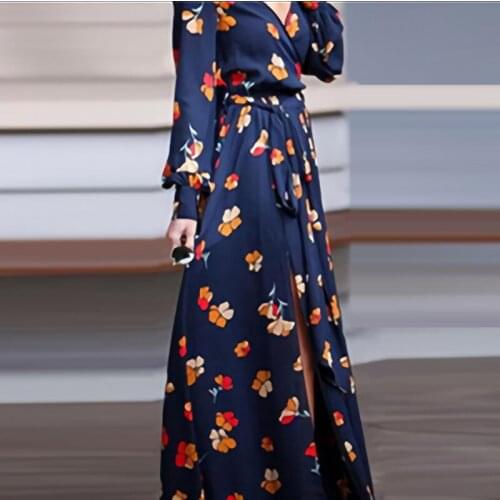 2021 popular womens spring long sleeve V-neck Pullover fashion Plaid stitching printing floral display long sleeve casual dress