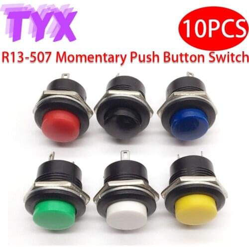 10PCS 16mm Momentary Button Switches 6A/125VAC 3A/250VAC Round Button Jog Switch R13-507 Black Red Green White Blue Yellow