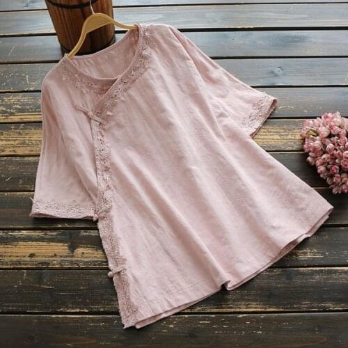 6589 New Summer Women Blouse vintage Chinese Style O-Neck Buckle Short Sleeve Linen embroidered Tops Women