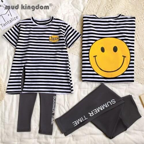 Mudkingdom Mother Daughter Family Matching Clothes Summer Not hooded T-shirts Pants Sets Stripe Cartoon Letter Trousers Outfit