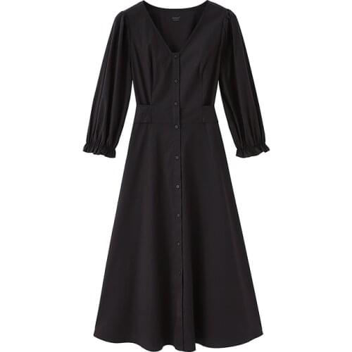 INMAN Spring Womens Dress Elegant Causal Style A-Line V-Neck Button Wavy Cuffs Bow-Knot Belt Middle Sleeve High Waist Clothing