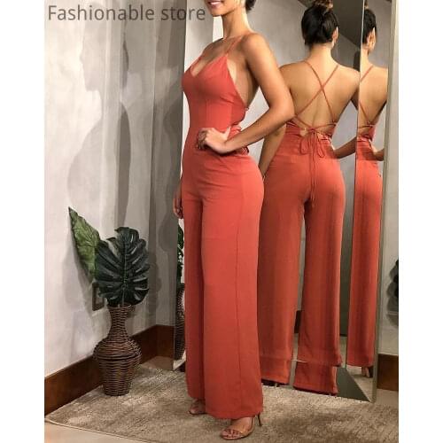 Women Casual Open Back Wide Leg Jumpsuits Lace-up Criss-cross Sleeveless Solid Color Rompers