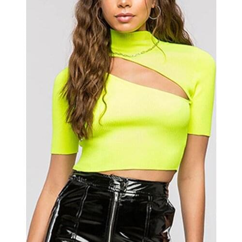 Hollow Out Short Sleeve Crop Tops Womens T-Shirt Slim Sexy Stand Collar Female T-Shirts 2021 Summer Solid Casual New Lady Tees