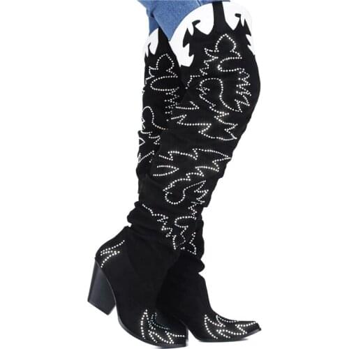 Fashion Winter Crystal Western Boots Women Pointed Toe Over The Knee Cowboy Boots Chunky Heels Female Shoes Long Slouchy Boots