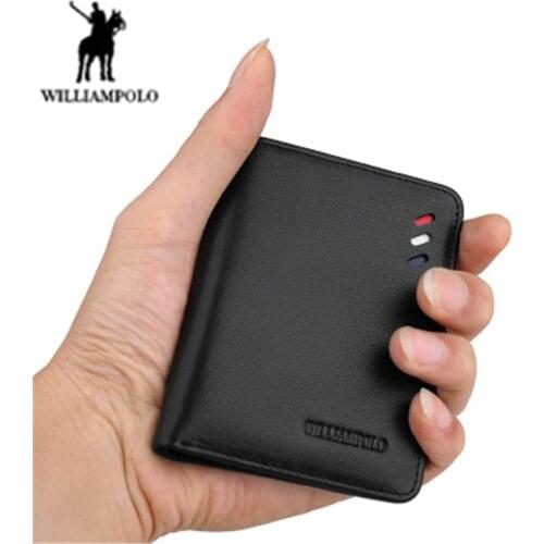 WILLIAMPOLO mens small wallet mini genuine leather mens short wallet casual fashion ultra-thin card package cartera hombre