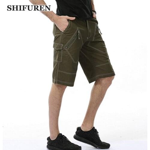 SHIFUREN New Summer Men Cargo Shorts Plus Size 29-40 Multi-pocket Loose Fit Causal Men Baggy Overalls Shorts Knee-Length