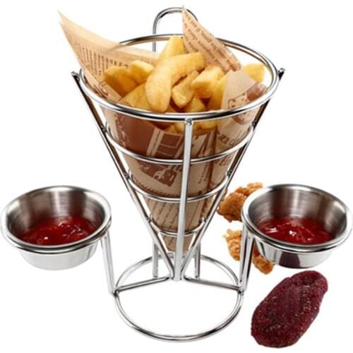 Stainless Steel French Fry Stand Cone Double Sauce French Fry Holder Snacks Display Stand Fries Baskets Buffet