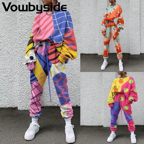 Printed Pattern Casual Fashion Autumn And Winter Womens Sports Suit Long Sleeved Round Neck T-shirt Sweatpants Sets