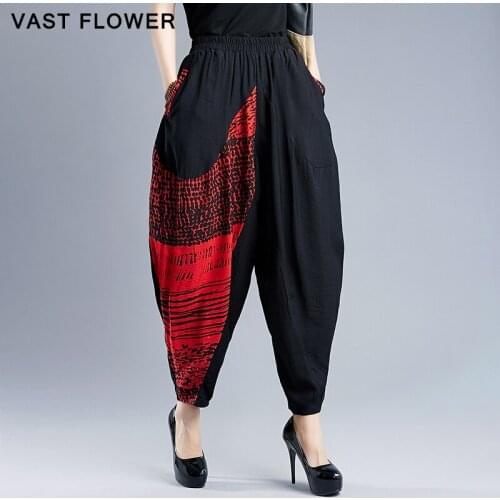 High Elastic Waist Black Vintage Print Harem Pants Women New Causal Loose Plus Size Ladies Trousers Fashion 2020 Spring Autumn