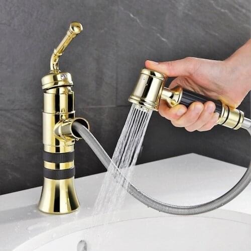 Bathroom Basin Faucets Brass Hot & Cold Pull Out Spray Nozzle Sink Mixer Tap Single Handle Deck Mounted Lavatory Crane Faucet