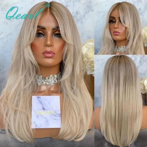 Ombre Light Ash Blonde Lace Front Wig Fringe Cut 13x4/13x6 Human Hair Wigs Brazilian Remy Hair Natural Straight 150% 180% Qearl