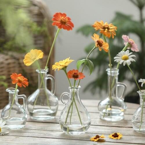 French Long Neck Single Ear Glass Vase Small Mouth Transparent Flower Vases Flower Arrangement Hydroponic Bottle Pot Home Decor