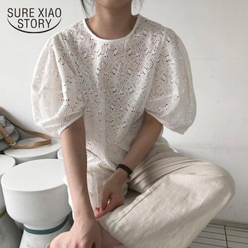 Summer New Hollow Out Short Sleeve Blouse Women Pullover White Ladies Tops Clothing Office Lady V-Neck Floral Women Shirt 14290